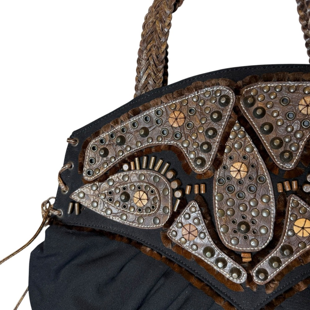 Braccialini Tua Canvas Beaded Studded Tote‎ Black Leather Embellished Detail Bag - Picture 2 of 10